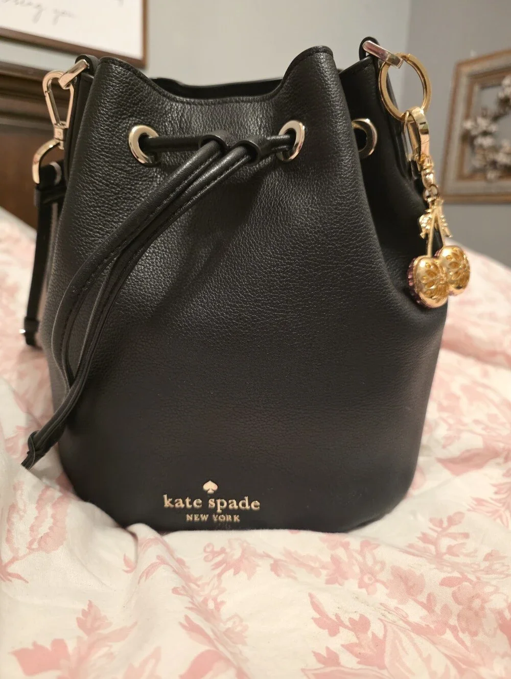 kate spade Black Pebbled Leather Drawstring Crossbody Bag